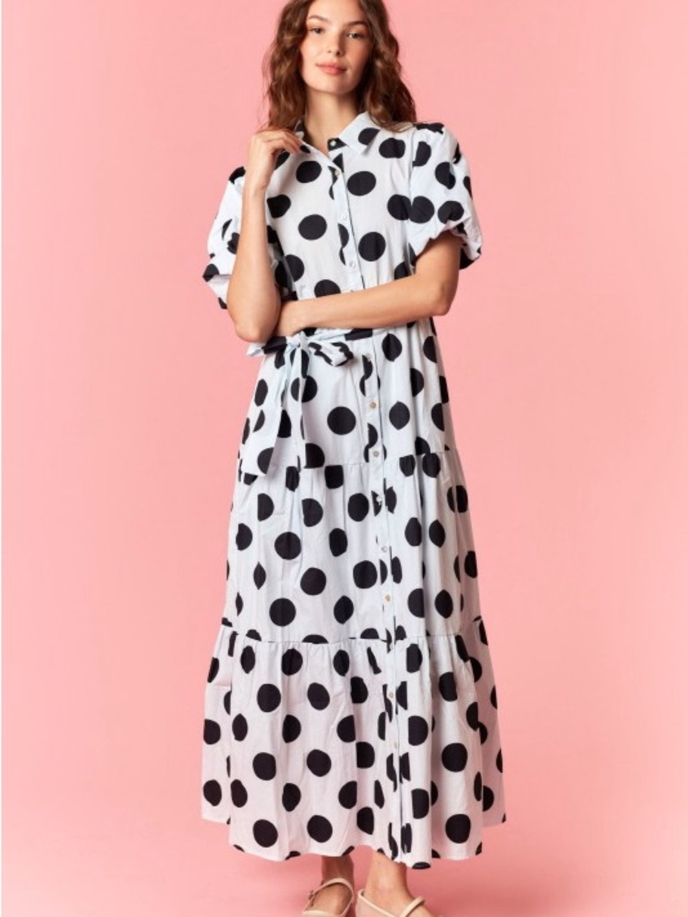 NWT WHITE BLACK POLKA Dot Printed Cotton Poplin Puff Sleeve Maxi Dress - Picture 2 of 9